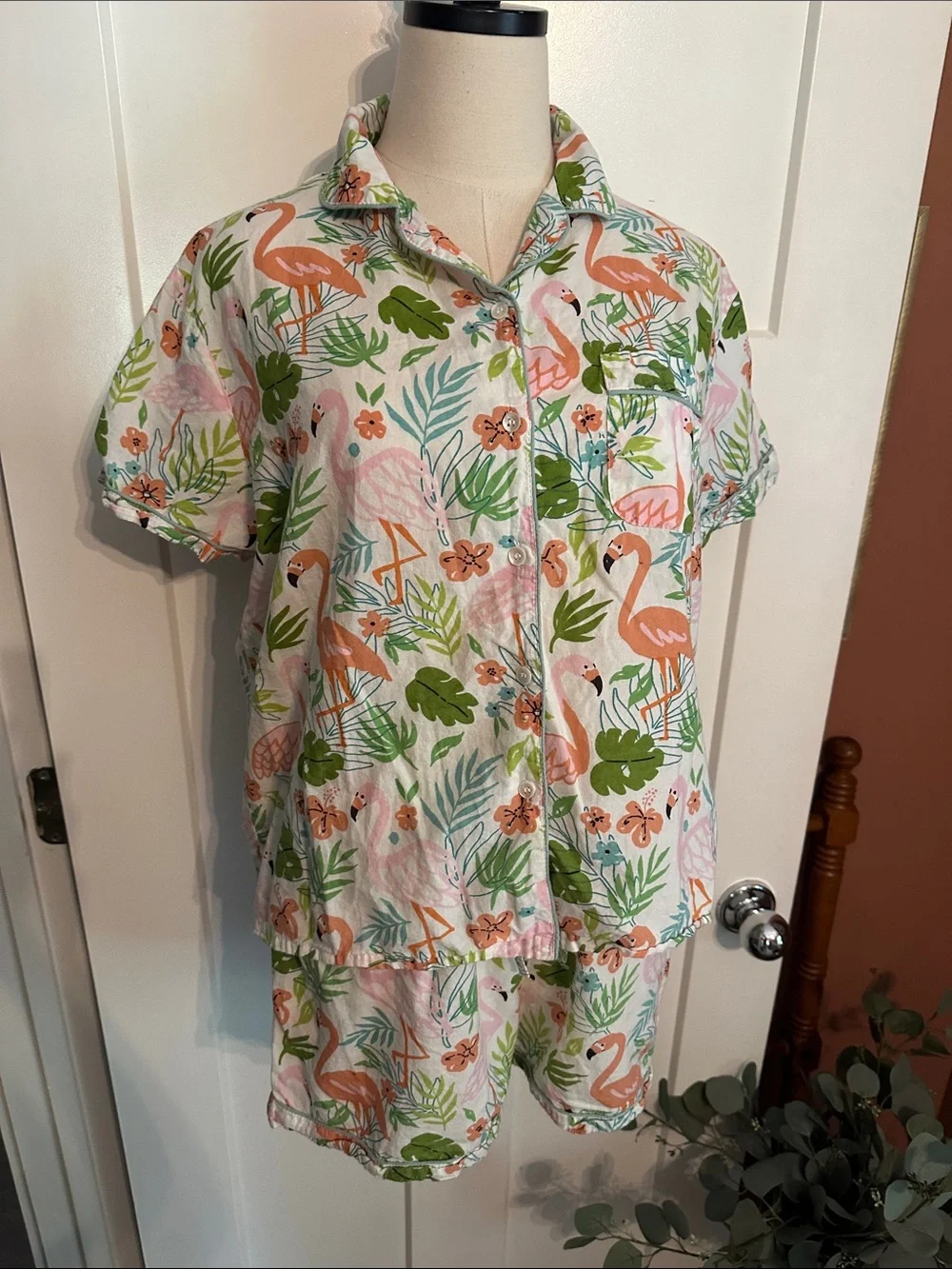 Mahogany Flamingo tropical Print M Short cotton pockets drawstring Pajama Set